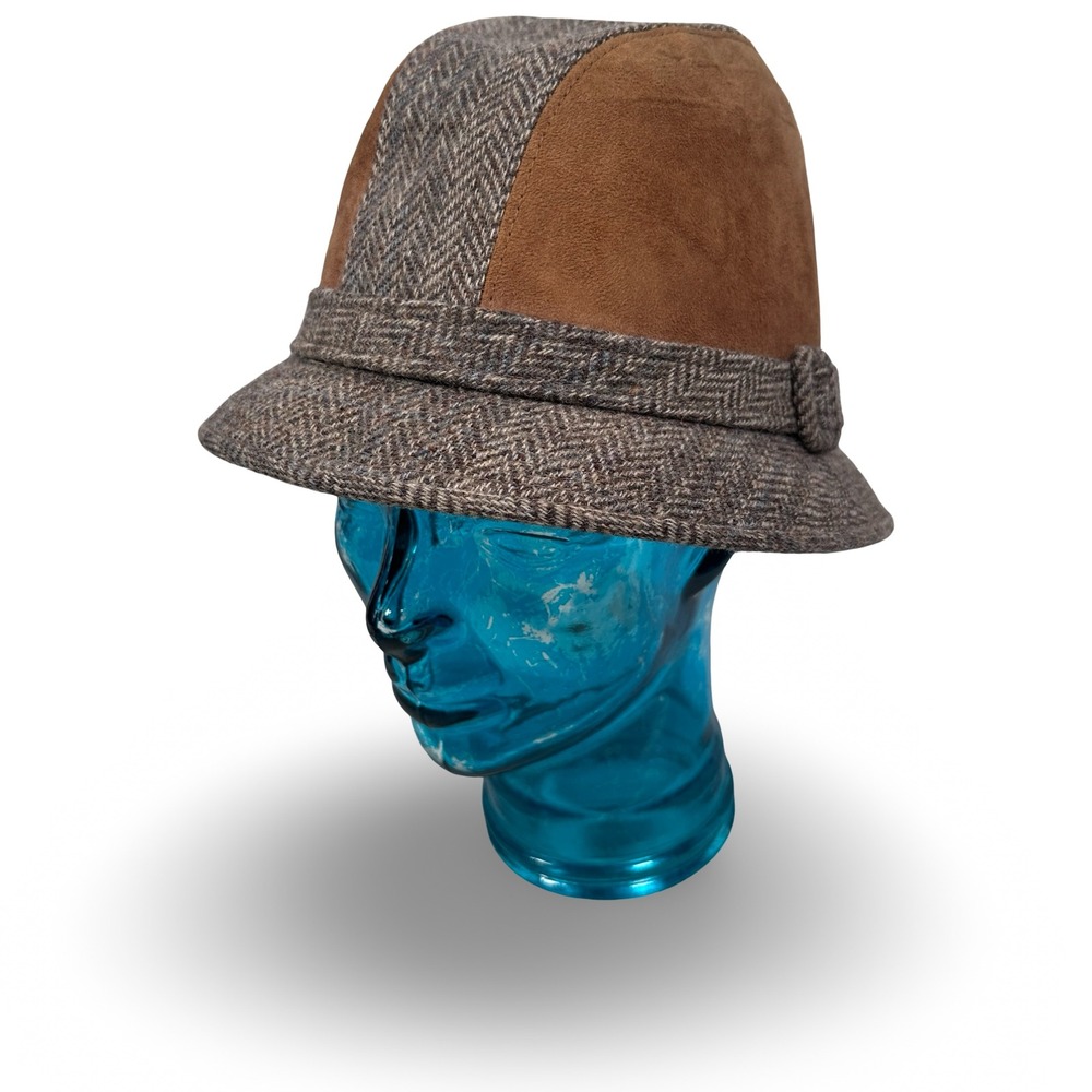 Dobbs Vintage Herringbone Tweed Brown Suede Paneled Fedora Bucket Hat Mens 7 1/4